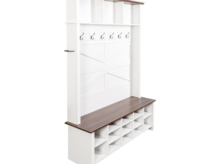 4 In 1 Hall Tree With 6 Hooks, Entryway Bench With Adjustable Shelves - White
