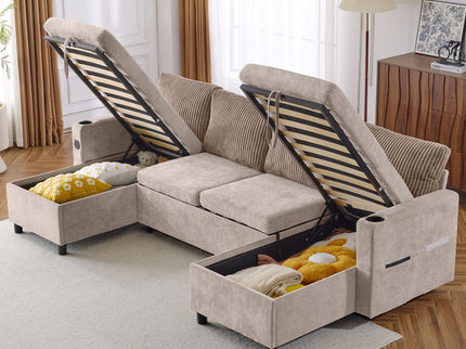 Sectional Sofa Bed With Pull Out Sleeper, USB Ports, Cup Holders