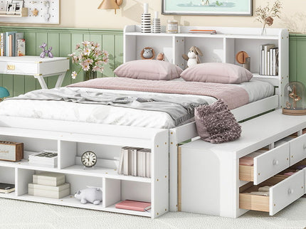 Bed With Bookcase Headboard, Under Bed Storage Drawers And Bed End Storage Case