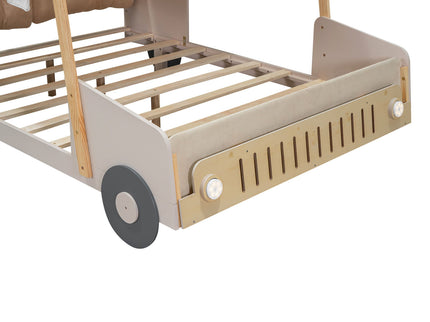 Twin Size Car Bed & Pillow, Ceiling Cloth And LED - Natural