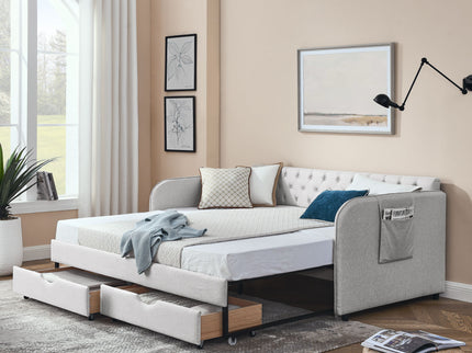 Daybed With Trundle And Storage Drawers, Flat Arms With Pocket