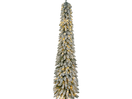 Slim Snow Flocked Pre Lit Pencil Christmas Tree, 3.9Ft / 5.9Ft / 7.9Ft With 750 Branch Tips, 480 LED Lights, Warm Glow, For Indoor Holiday Decor - White