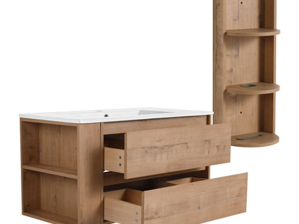 Modern Wall Mounted Bathroom Vanity With Ceramic Sink And Storage Rack, 2 Soft Close Drawers