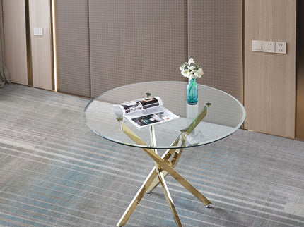 Contemporary Round Clear Dining Tempered Glass Table With Gold Finish Stainless Steel Legs - Gold
