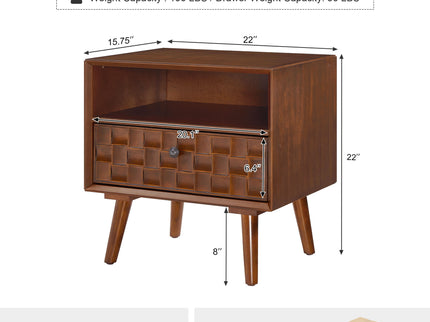Nightstand With Carved Geometric Drawer Front, 1 Drawer And Open Shelf