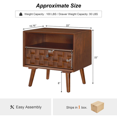 Nightstand With Carved Geometric Drawer Front, 1 Drawer And Open Shelf
