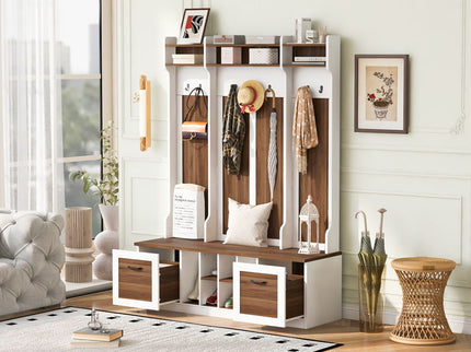 5 In 1 Entryway Bench With Coat Rack, 7 Sturdy Hooks, 2 Spacious Drawers And Adjustable Shelves