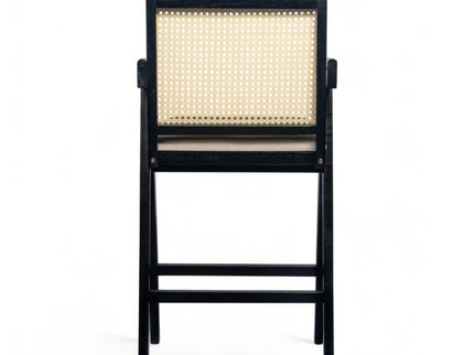 Woven Cane Plastic Backrest Bar Stool Foam Padded Fabric Seat & Durable Rubberwood Frame - Cream Gray