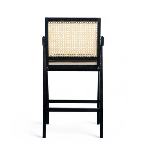 Woven Cane Plastic Backrest Bar Stool Foam Padded Fabric Seat & Durable Rubberwood Frame - Cream Gray