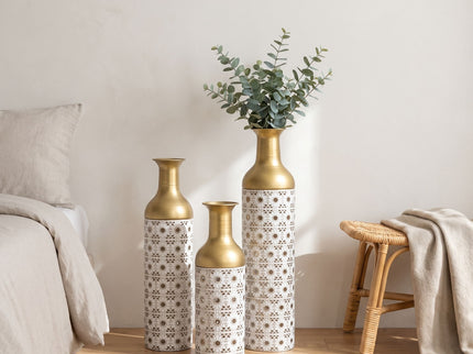 Handcrafted Cutout Hollow Tall Standing Floor Vase, Home Decor (Set of 3) - White / Gold