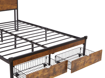 Modern Metal Platform Bed Frame With Wooden Headboard And Footboard, USB Charging Station, LED Lights, 2 Drawers