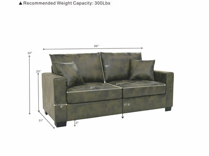 2 Seater Sofa, 2 Throw Pillows For Living Room - Olive Green