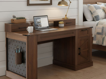 Office Desk With Storage Cabinet, Charging Station, Monitor Stand & Pegboard