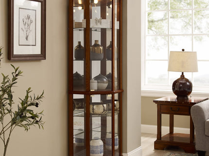 6 Shelf Lighted Corner Curio Cabinet With Adjustable Tempered Glass Shelves And Mirror Back (E26 Light Bulb Not Included)