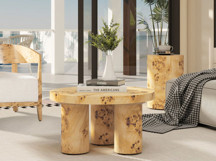 Nebula - Round Pillar Leg Coffee Table - Warm Natural Brown Burl