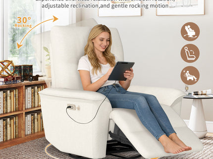 270° Power Swivel Rocker Recliner Chair With Phone Holder, Electric Glider Reclining Sofa With USB Ports For Living Room Bedroom - Beige