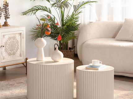 Drum Nesting Coffee Table With Wave Stripe Design For Living Room (Set of 2) - Beige / White