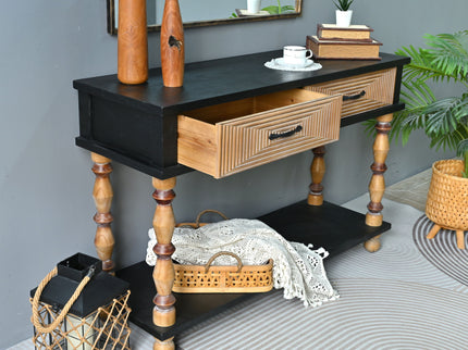 Accent Carved Console Table With Open Shelf And 2 Drawers Living Room - Black / Natural Wood Wash
