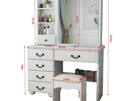 Fashion Vanity Desk With Mirror And Adjustable Lighting, 6 Drawers, 3 Color Light Modes - White