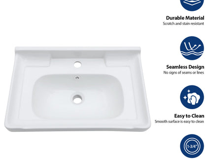 Wall Mounted Rectangular Bathroom Sink With Towel Bar & Overflow - White