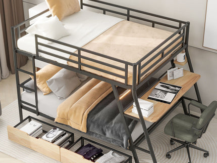 Full Size Bunk Bed With Built In Desk, Light, And 2 Drawers - Black