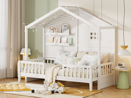House Bed With Shelves, Window And Sparkling Light Strip On The Roof