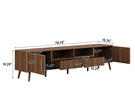 78" TV Stand For 85" TVs With Fluted Doors, Open Shelf, Cable Management - Walnut