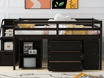 Loft Bed With Retractable Writing Desk And 3 Drawers With Storage Stairs And Shelves