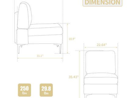Single Couch Modular Armless Accent Chair With Back Cushion