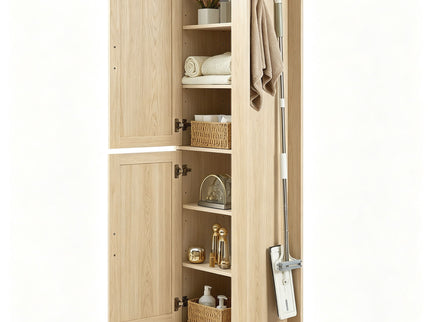 Tall Freestanding Bathroom Storage Cabinet With Adjustable Shelves And Side Hooks