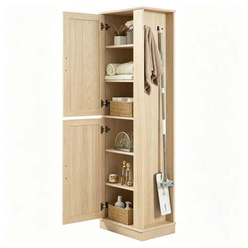 Tall Freestanding Bathroom Storage Cabinet With Adjustable Shelves And Side Hooks