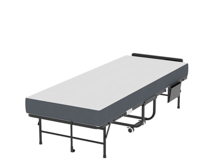 Twin Folding Bed With Adjustable Headboard & Memory Foam, Space Saving Rollaway Guest For Tall People, Portable On Wheels, Easy Assembly - Black