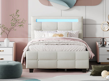 Upholstered Platform Bed With LED Frame, With Trundle And 2 Drawers