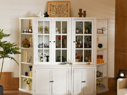 Retro Style Wall Suit With Glass Doors, 75.25" Tall Display Cabinets & Triangle Sided Bookshelves - White