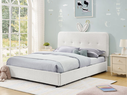 Upholstered Bed With Oversized Rabbit Ear Headboard, LED Lights & 4 Storage Drawers