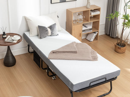 Foldable Metal Frame Bed For Guest With Memory Foam Mattress On Wheels, Saving Space Rollaway Bed