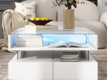 Lift Top Coffee Table With 2 Drawers, Hidden Space And LED Lights For Living Room