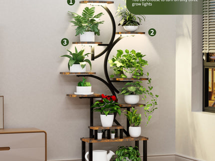 S - Shaped, 10 Tier Plant Stand With 5 Grow Lights - Deep Rustic Brown