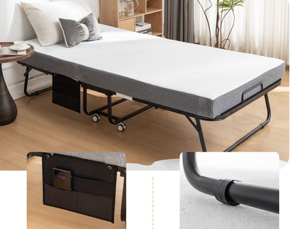 Foldable Metal Frame Bed For Guest With Memory Foam Mattress On Wheels, Saving Space Rollaway Bed