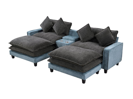 Sectional Sofa With Removable Ottomans, USB Ports, Cup Holders & Storage - Gray / Light Blue