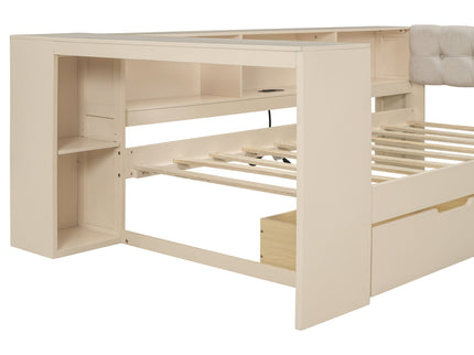 Upholstered Headboard Platform Bed With Storage Shelves, Drawers, Charging Station