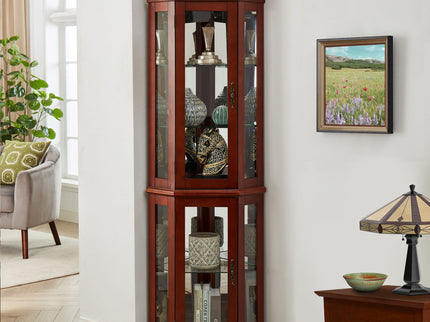 Corner Curio Cabinet With Lights, Adjustable Tempered Glass Shelves, Display Cabinet (E26 Light Bulb Not Included) - Mirrored / Walnut