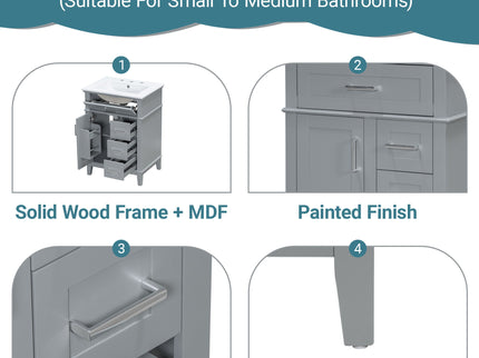 Modern Bathroom Vanity With Sink, Flip Drawer & 3 Drawers, Soft Close Hinges, Adjustable Shelf