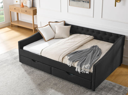 Upholstered Tufted Daybed With 2 Drawers, Waved Arms