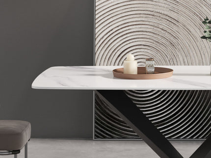 70.87" Modern Artificial Stone White Curved Black Metal Leg Dining Table, Can Accommodate 6-8 People - White / Black