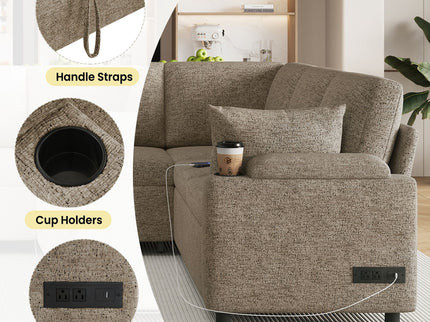 U-Shaped Sectional Sofa Bed With Storage, Charging Ports, And Cup Holders - Brown