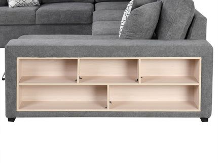 U-Shaped Sectional Sofa Pull-Out Sofa Bed With Two USB Ports, A Storage Chaise Lounge And Four Back Pillows For Living Room
