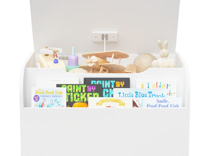 Toy Box With 4 Universal Wheels, Kids Playroom Storage Organizer With Front Bookshelf, Flip Top Lid, Safety Hinge - White