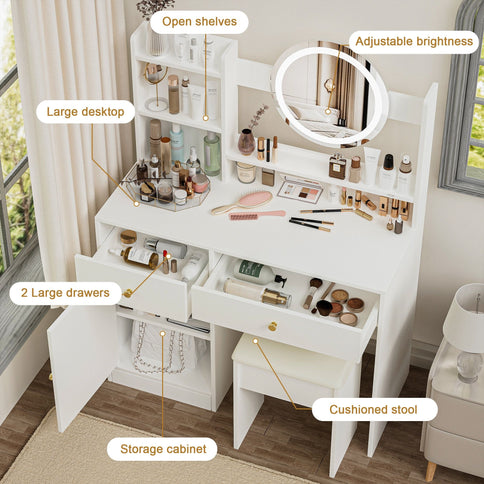 Fashion Vanity Desk With Mirror And Lights For Makeup And Cushioned Chair - White