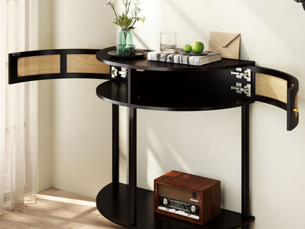 Boho Rattan Semi Circle End Table With Sliding Rattan Door, Storage And Bottom Shelf